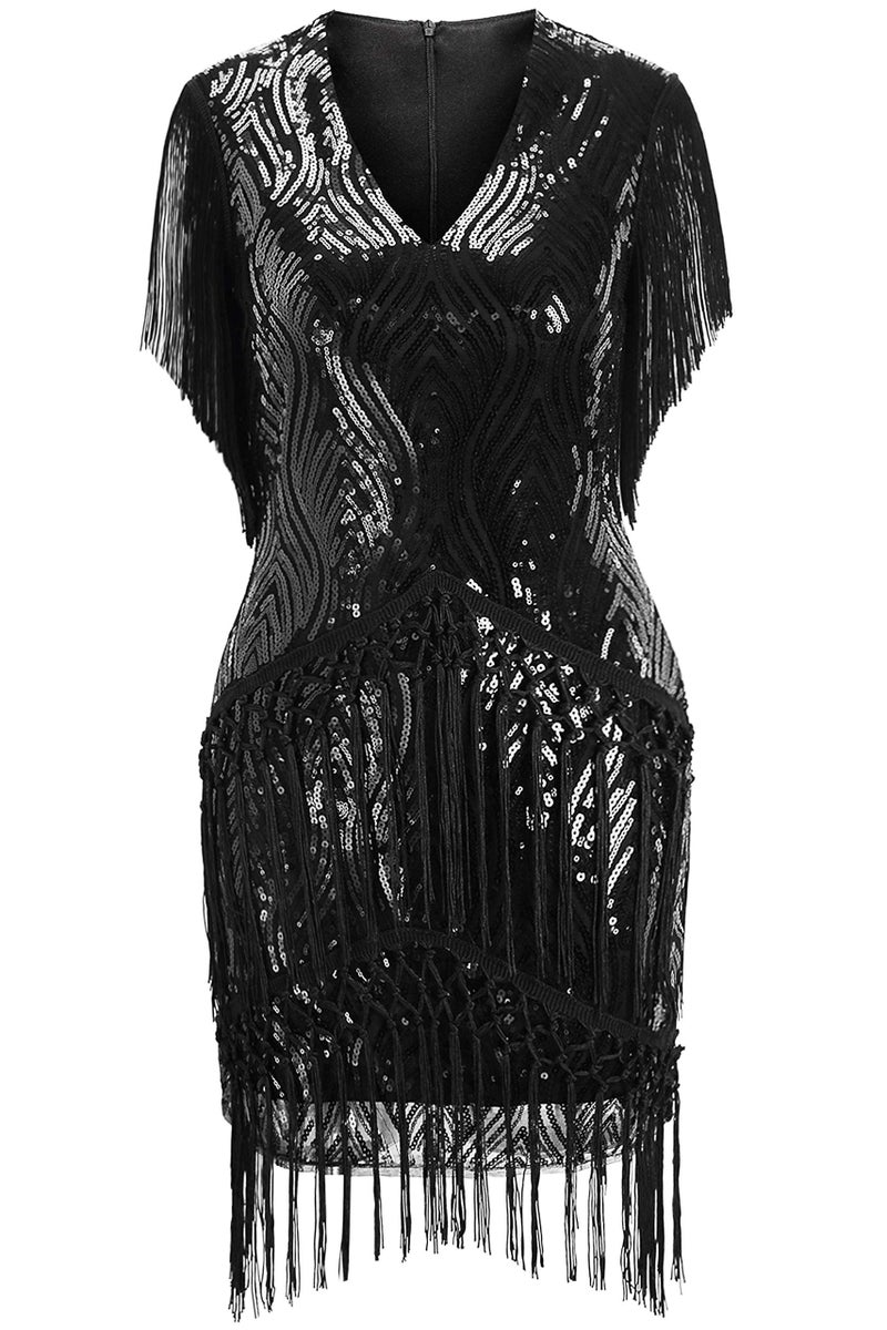 BABEYOND 1920s Flapper Dress Long Fringed Gatsby Dress Roaring 20s Sequins Beaded Dress Vintage Art Deco Dress Black - Image 5